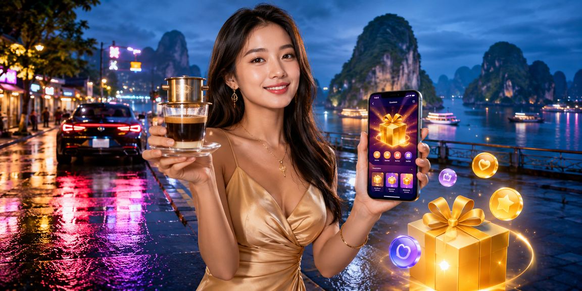 Người dùng truy cập casino di động fy88 với khung cảnh vịnh Hạ Long và cà phê Việt Nam